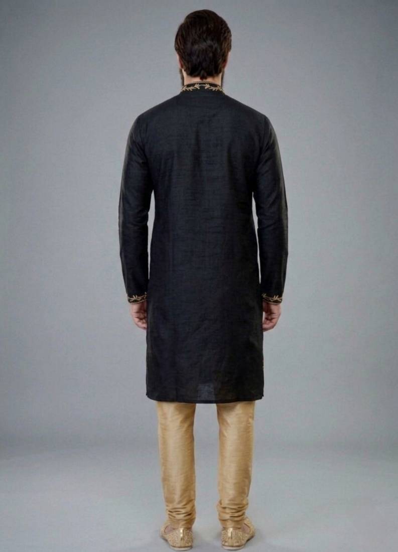 Black embroidered dupion silk kurta pyjama