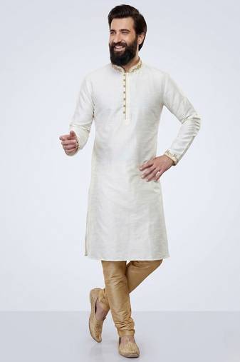 White embroidered dupion silk kurta pyjama