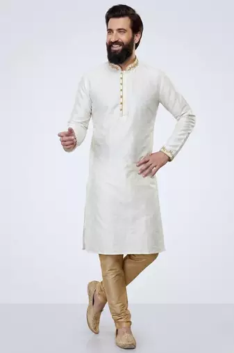 White embroidered dupion silk kurta pyjama
