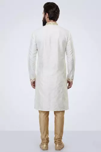 White embroidered dupion silk kurta pyjama