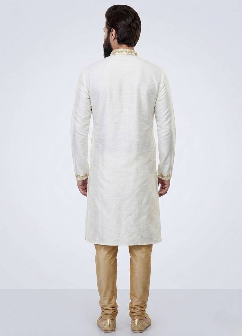 White embroidered dupion silk kurta pyjama