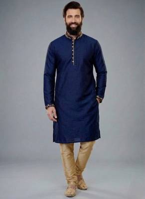 Blue embroidered dupion silk kurta pyjama 1