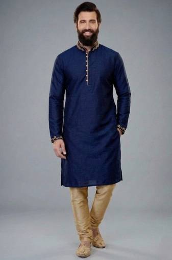 Blue embroidered dupion silk kurta pyjama
