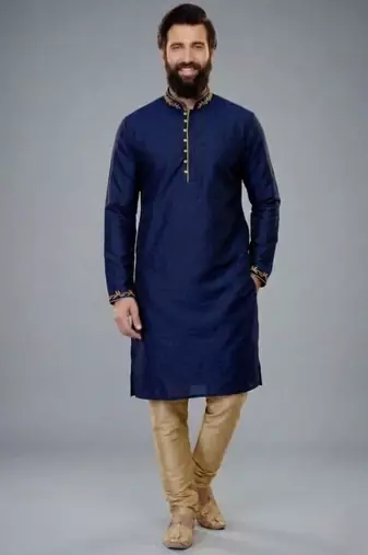 Blue embroidered dupion silk kurta pyjama
