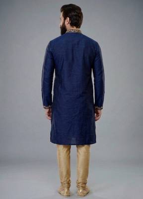 Blue embroidered dupion silk kurta pyjama 2