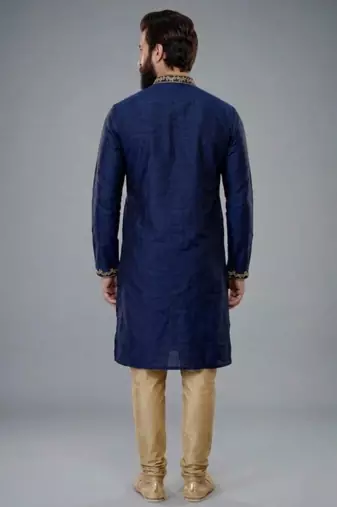 Blue embroidered dupion silk kurta pyjama