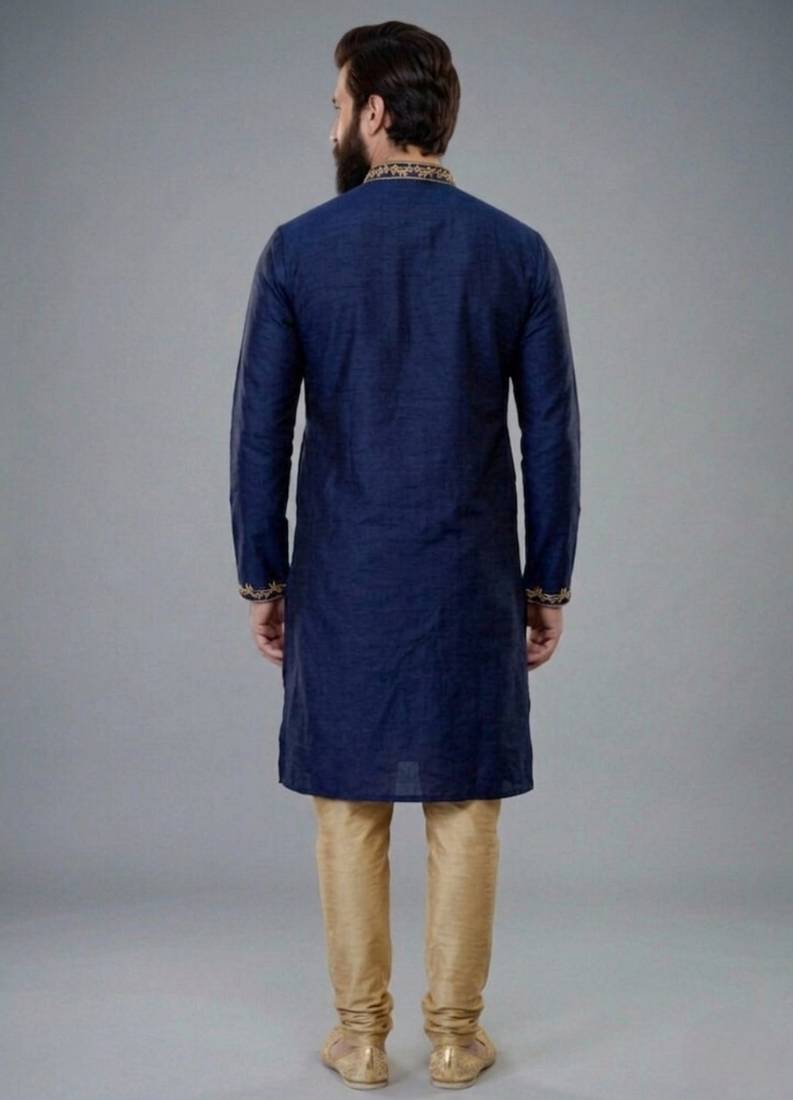 Blue embroidered dupion silk kurta pyjama