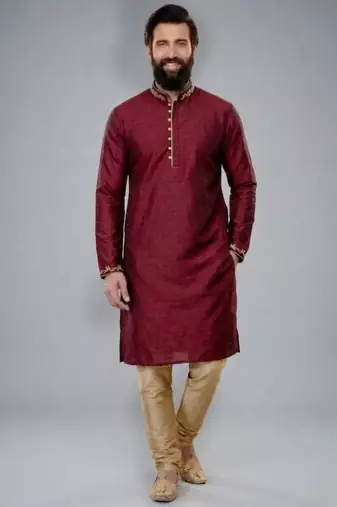 Maroon embroidered dupion silk kurta pyjama