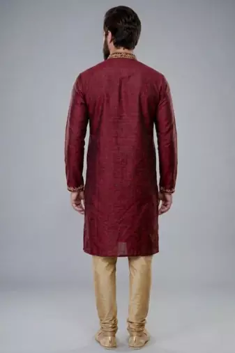 Maroon embroidered dupion silk kurta pyjama