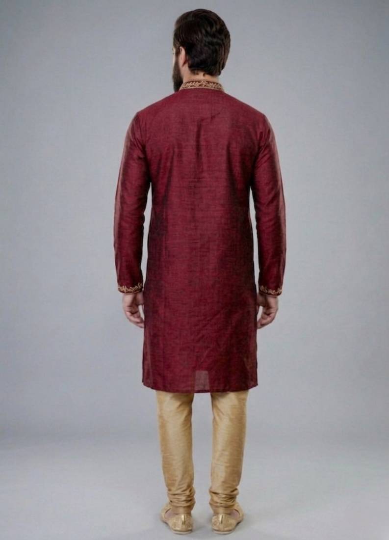 Maroon embroidered dupion silk kurta pyjama