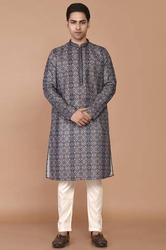 Men's print cotton kurta with threadwork