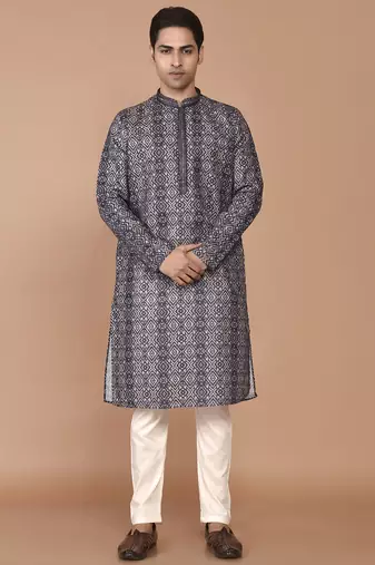 Men's print cotton kurta with threadwork
