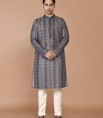 Men's print cotton kurta with threadwork