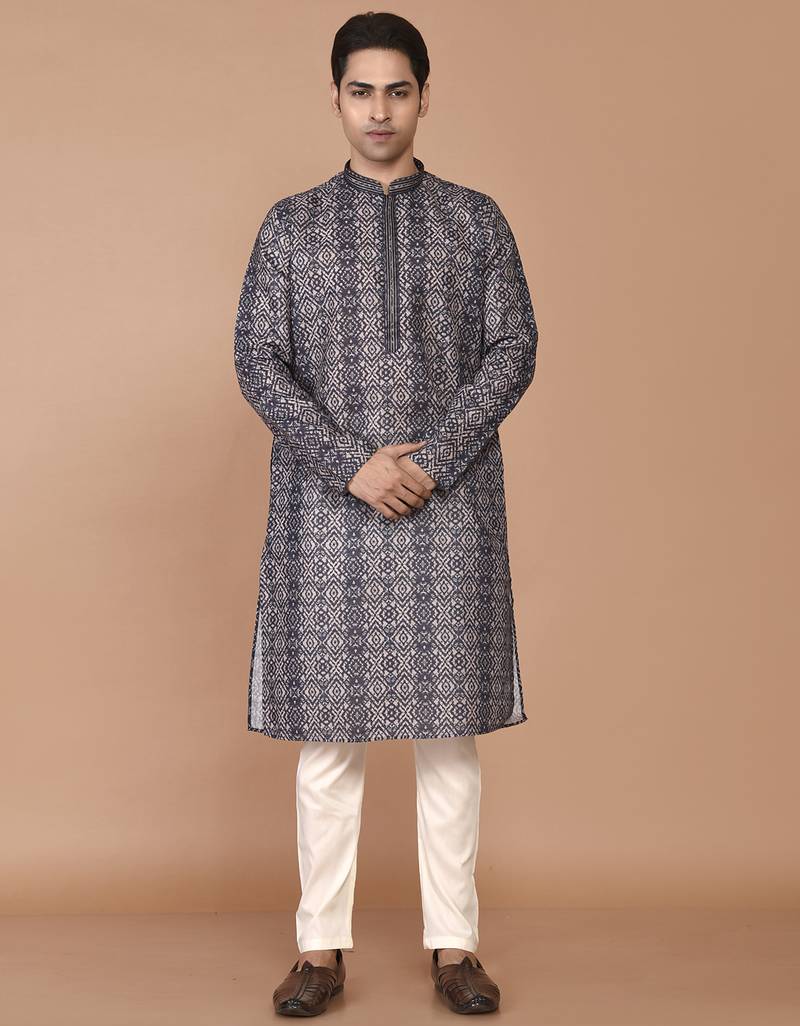 Men's print cotton kurta with threadwork