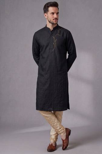 Black embroidered dupion silk kurta pyjama