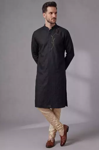 Black embroidered dupion silk kurta pyjama