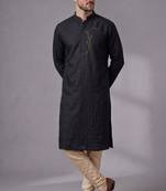 Black embroidered dupion silk kurta pyjama