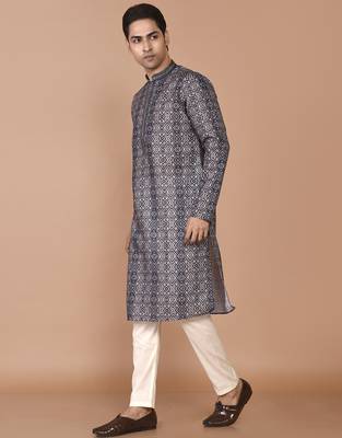 Men's print cotton kurta with threadwork 2