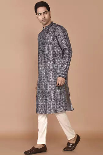 Men's print cotton kurta with threadwork
