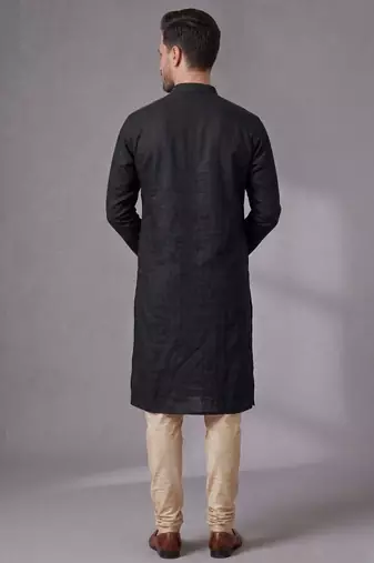 Black embroidered dupion silk kurta pyjama