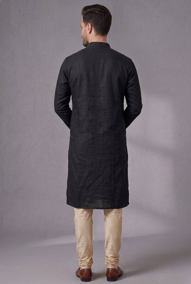 Black embroidered dupion silk kurta pyjama