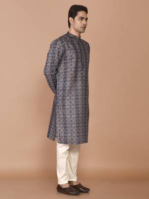 Men's print cotton kurta with threadwork 3