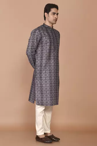 Men's print cotton kurta with threadwork