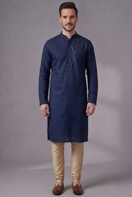 Blue embroidered dupion silk kurta pyjama 1