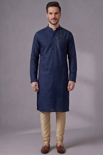 Blue embroidered dupion silk kurta pyjama