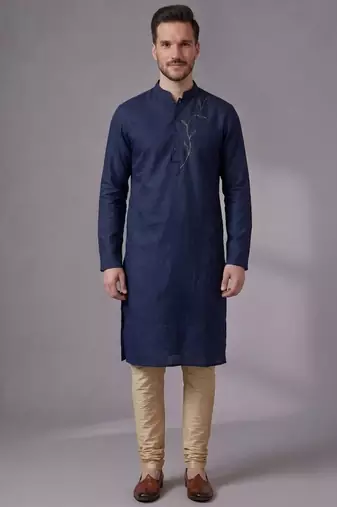 Blue embroidered dupion silk kurta pyjama