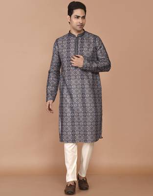 Men's print cotton kurta with threadwork 4