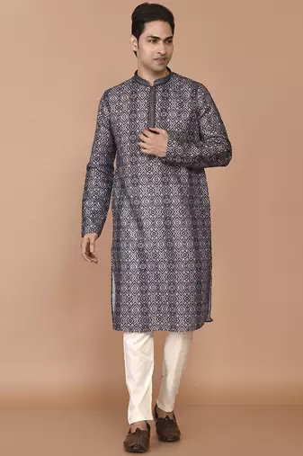 Men's print cotton kurta with threadwork