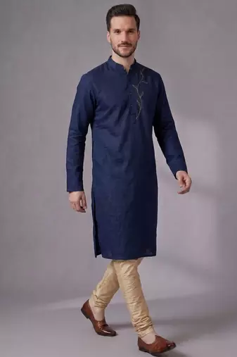 Blue embroidered dupion silk kurta pyjama
