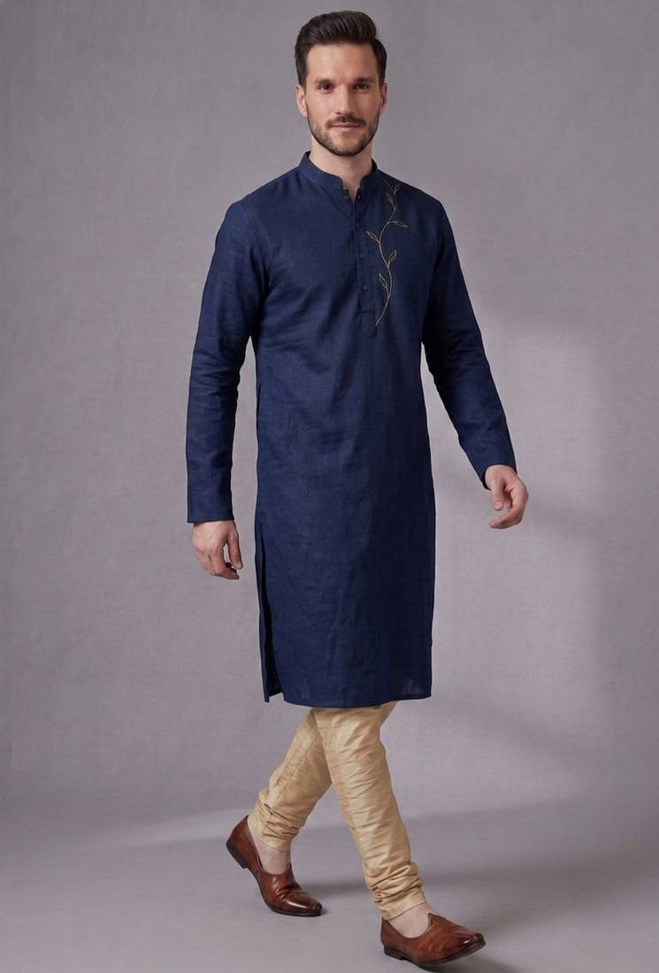 Blue embroidered dupion silk kurta pyjama