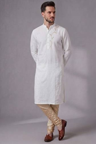 White embroidered dupion silk kurta pyjama