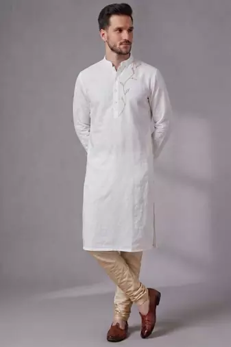 White embroidered dupion silk kurta pyjama