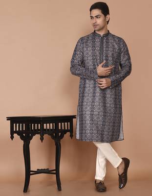 Men's print cotton kurta with threadwork 5