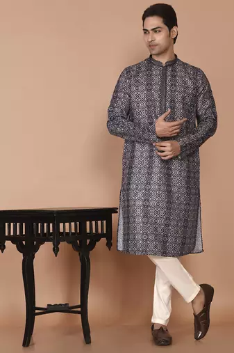 Men's print cotton kurta with threadwork