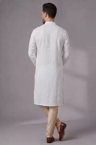 White embroidered dupion silk kurta pyjama