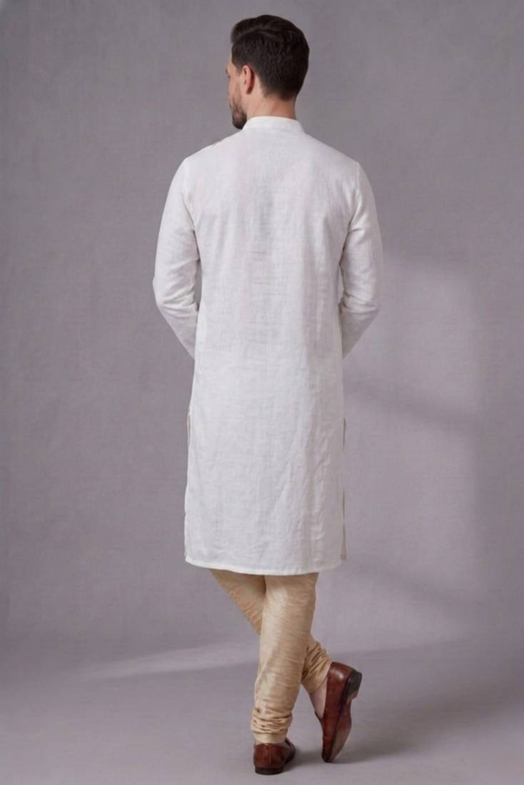 White embroidered dupion silk kurta pyjama