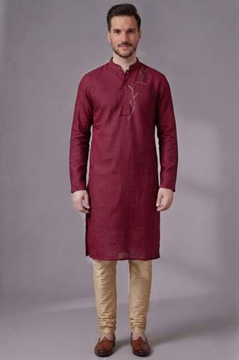 Maroon embroidered dupion silk kurta pyjama