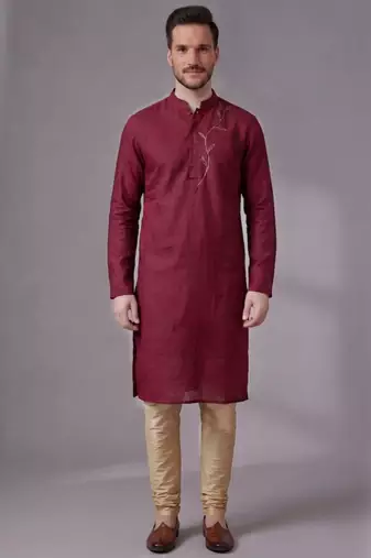 Maroon embroidered dupion silk kurta pyjama