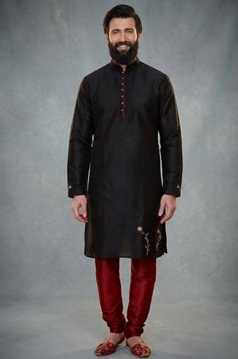 Black embroidered dupion silk kurta pyjama