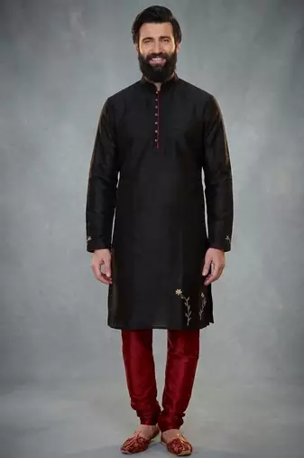 Black embroidered dupion silk kurta pyjama