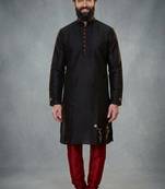 Black embroidered dupion silk kurta pyjama