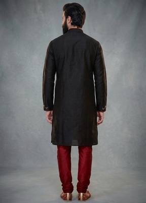 Black embroidered dupion silk kurta pyjama 2