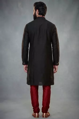 Black embroidered dupion silk kurta pyjama