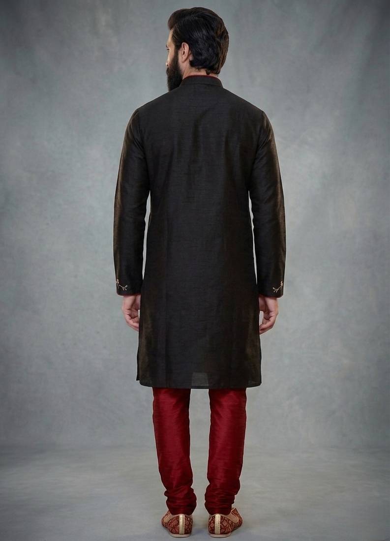 Black embroidered dupion silk kurta pyjama