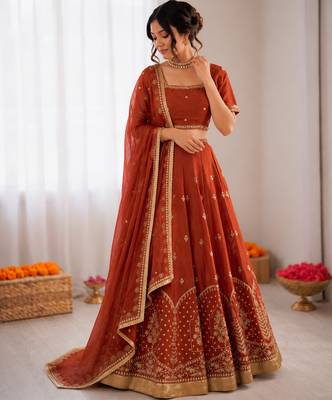 rust orange art silk thread sequin lehenga choli set 3