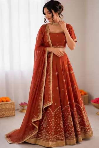 rust orange art silk thread sequin lehenga choli set
